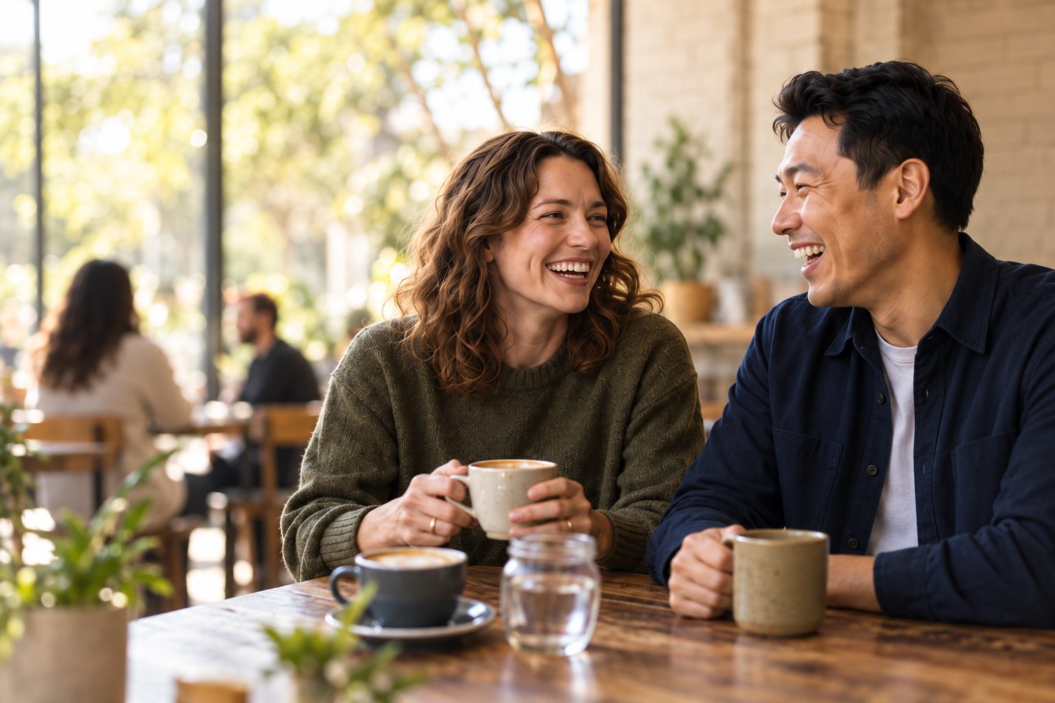 Two friends sharing a laugh over coffee in a neighbourhood café.